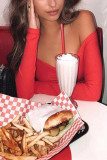 White Red Black Blue Pink Orange One word collar Long Sleeve Solid Tops