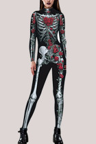 Multi-color Fashion Party Adult Polyester Print Split Joint O Neck Skinny Jumpsuits