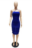 Blue Fashion Sexy Solid Patchwork Fold Square Collar Sling Dress
