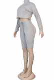 Grey Cotton Fashion Sexy adult Ma'am Patchwork Solid Two Piece Suits Straight Long Sleeve Two Pieces
