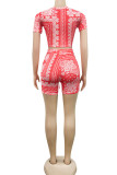 Red Sexy Polyester Print O Neck Short Sleeve Short Two Pieces
