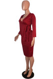 Wine Red Fashion Sexy Cap Sleeve Long Sleeves V Neck A-Line Mid-Calf asymmetrical Two Piece Dresses