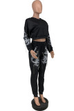 Black Casual Print Patchwork Beading O Neck Long Sleeve Two Pieces