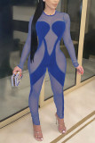 Blue Casual Solid Hollowed Out Patchwork O Neck Regular Jumpsuits