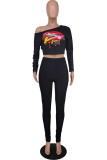 Black Casual Print Solid pencil Long Sleeve Two Pieces