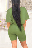 Army Green Sexy Print Patchwork O Neck Short Sleeve Two Pieces