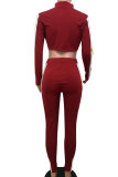 Wine Red Elastic Fly Mid Patchwork pencil Pants Two-piece suit