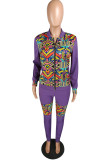 Purple Fashion Casual Print Split Joint Zipper Collar Long Sleeve Two Pieces