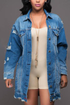 Blue Denim Fashion adult Ma'am Street Turndown Collar Solid Hole Button Plus Size