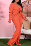 Tangerine Elegant Polyester Solid V Neck Long Sleeve Regular Sleeve Two Pieces
