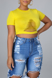 Red Sexy Casual Solid Ripped Hollowed Out O Neck T-Shirts