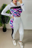 White Fashion Active adult Ma'am Patchwork Print Mesh Two Piece Suits pencil Long Sleeve Two Pieces