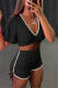 Black Fashion Casual Solid Strap Design V Neck Short Sleeve Two Pieces