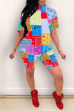 Purple Fashion Casual Print Basic O Neck Short Sleeve Two Pieces