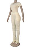 Beige Sexy Solid Split Joint Fold O Neck Short Sleeve Two Pieces