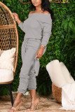 Grey Fashion Casual Solid Basic Bateau Neck Long Sleeve Two Pieces