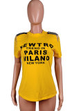 Yellow O Neck Short Sleeve Letter Patchwork Print Tops