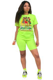 Fluorescent green Polyester Fashion Casual adult Letter Patchwork Print Two Piece Suits Straight Short Sleeve Two Pieces
