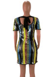 Multi-color Sexy Fashion Cap Sleeve Short Sleeves O neck A-Line Knee-Length backless Sequin Club Dresses