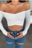 White Red Black Blue Pink Orange One word collar Long Sleeve Solid Tops