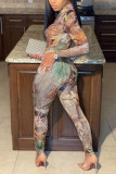 Grey Sexy Print Patchwork Turtleneck Long Sleeve Two Pieces