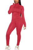 rose red Polyester Fashion Sexy Active Casual Europe and America Solid Straight Long Sleeve Two Pieces