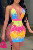 Green Fashion Sexy Patchwork Hollowed Out Sequins Backless Halter Sling Dress