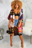 multicolor cardigan Print Old Patchwork Button Polyester Print Half Sleeve cloak