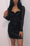 Black Sexy Leopard See-through Square Collar Skinny Bodysuits