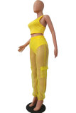Yellow Fashion Casual adult Patchwork Solid Mesh perspective Two Piece Suits Loose Sleeveless Two Pieces