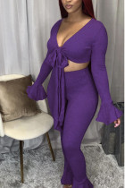 purple Casual Solid V Neck Long Sleeve Flare Sleeve Short Two Pieces