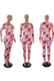 Red and white Living Print V Neck Skinny Jumpsuits