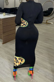 Leopard Print Sexy Print Patchwork O Neck Pencil Skirt Dresses