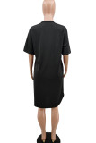 Black Sexy Short Sleeves O neck A leaf skirt Knee-Length Print Character Dresses