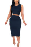 Navy Blue Polyester Fashion Casual adult Ma'am Patchwork Solid Two Piece Suits pencil Sleeveless Two Pieces