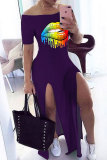 purple Fashion Sexy adult Black Grey purple Cap Sleeve Short Sleeves One word collar A-Line Print Patchwork split lip Dresses