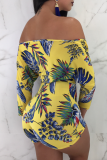 Yellow Sexy Print Patchwork With Belt Bateau Neck Skinny Rompers