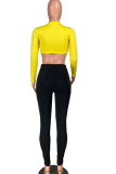 Yellow Fashion Casual Adult Twilled Satin Solid Ripped Split Joint O Neck Long Sleeve Regular Sleeve Short Two Pieces