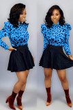 Blue Casual Print ruffle Two Piece Suits A-line skirt Long Sleeve Two-Piece Dress