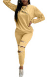 Pink Fashion Casual Adult Polyester Solid Split Joint O Neck Long Sleeve Regular Sleeve Regular Two Pieces