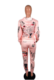 Pink Casual Print Letter Hooded Collar Long Sleeve Two Pieces