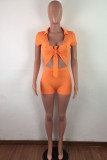 Orange Fashion Casual bandage Button Solid Polyester Short Sleeve Turndown Collar Jumpsuits