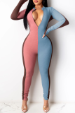 Yellow Casual Color Block Split Joint Zipper Collar Skinny Jumpsuits