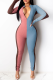 Blue Casual Color Block Split Joint Zipper Collar Skinny Jumpsuits