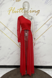 Red Sexy Patchwork Mesh One Shoulder Tops