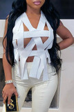 White Sexy Patchwork Solid Hollowed Out Backless V Neck Tops
