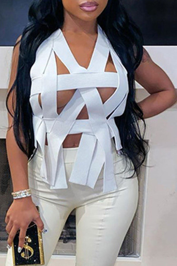 White Sexy Patchwork Solid Hollowed Out Backless V Neck Tops