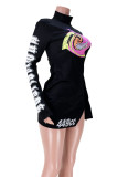 Black Sexy Print Slit Half A Turtleneck Dresses