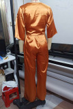 Orange Polyester Sexy Solid Loose Half Sleeve Two Pieces