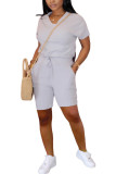 Grey venetian Casual Two Piece Suits Solid pencil Short Sleeve Two-Piece Short Set